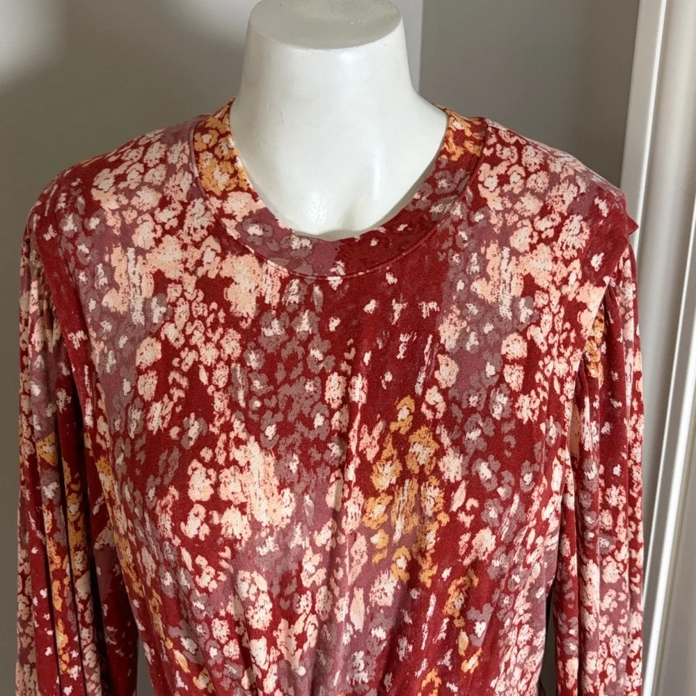 Free People Heartbeats Red Mini Dress Long Sleeve Rust Floral Mini Boho Sz M